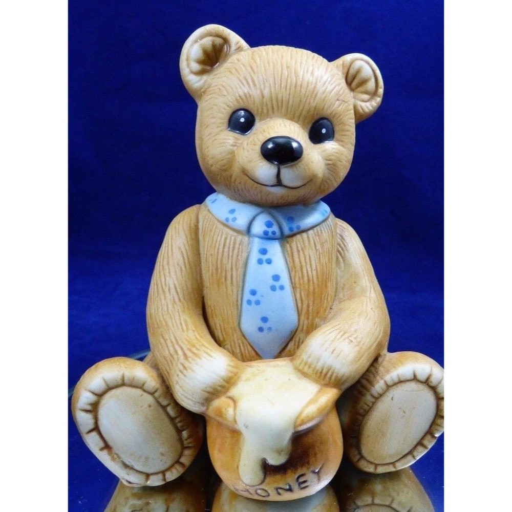Teddy Bear Ceramic Figurine Honey Pot Wearing Tie Homco Foil Sticker Vintage